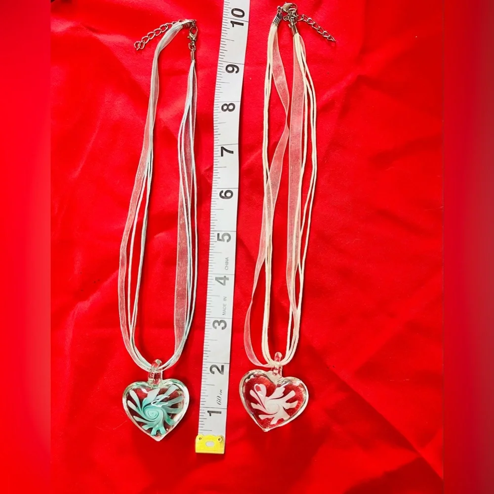 Lot of 2 Vintage Murano Glass Heart Pendant Necklaces 90s style